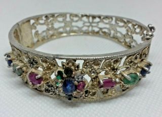 Rare Antique China Sterling Silver With Stones Bangle Bracelet Filigree Marked