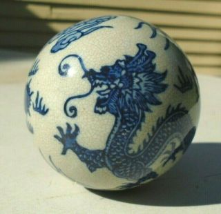 Old Chinese Porcelain Ball Blue Glaze Dragon Chasing Pearl Of Wisdom