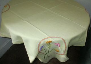 Vintage Linen Tablecloth Hand Embroidered Raised Anemone Flowers