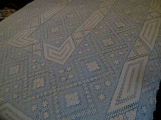 Vtg Antique Hand Tied Filet Lace Knit Tablecloth Ecru Cotton Geometric Floral