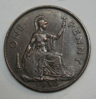 British 1950 Rare Penny Good Very Fine English George Vi 1d Coin