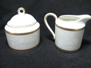Mikasa Antique Lace Creamer & Sugar Bowl Ivory Gold Encrusted White Flowers