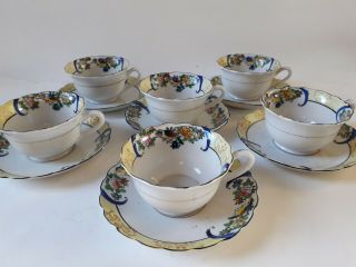 Vintage Japanese China 6 Tea Cups And Saucers Floral & Bird Design,  Handpainted