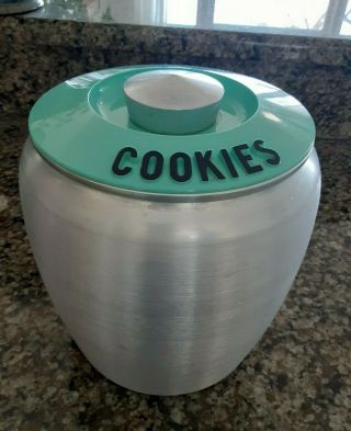 Vintage Kromex Spun Aluminum Cookie Jar Canister With Rare Aqua Turquoise Lid