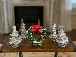 Vintage Miniature Dollhouse Group Pewter Christmas Trees & Wreath Decor 1:12