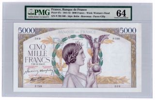 France 5000 Francs 1941 Pick 97c Pmg Choice Unc 64 " Large Size  Vintage " Rare