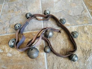 Vintage Set Of 10 Solid Brass Sleigh Bells Mounted On Leather Strap