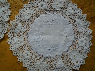 3 Antique Hand Embroidered Irish Linen Doilies - Fine Hand Crochet Cotton Lace B
