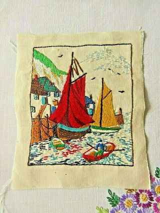 Vintage Hand Embroidered Picture Panel - Charming Seaside Scene/sail Boats