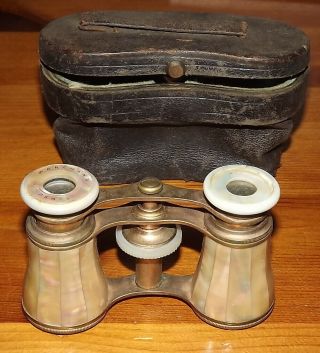 Marchand Paris Antique Mother Of Pearl Binoculars Opera Glasses With Case