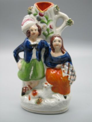 Antique Staffordshire Pottery Figural Spill Vase,  Boy & Girl With Sheep 8 "