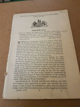 1873 Dundalk And Greenore Railway Company Newry Irish Ireland Act Rare