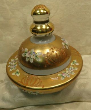 Antique Gold Enameled Glass Czech Bohemian Lidded Candy Bowl Dish 7 " X 7 "