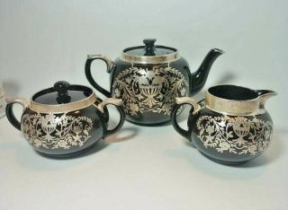 Antique Gibsons England Silver Inlay Brown Stoneware Redware Tea Set Tea Pot