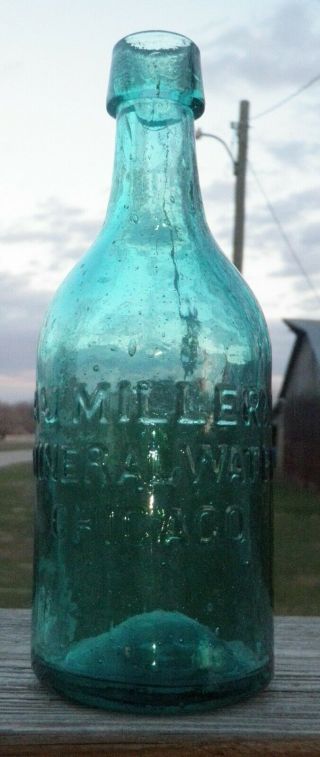 Chicago Ill.  Rare.  A.  J.  Miller Mineral Water,  Teal Green Iron Pontil,  Top Shelf