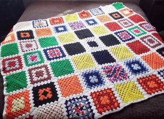 Vintage Crocheted Afghan Granny Square Blanket Throw Colorful 70s Retro 75 Inch