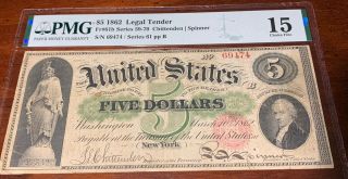 Fr.  61b 1862 $5 Legal Tender Pmg Fine 15 - Legal Tender - Very Rare Type