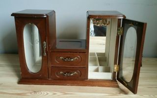 Retro Wood Jewelry Cabinet Box 2 Drawers 2 Dressers Etched Glass & Mirror - Rare