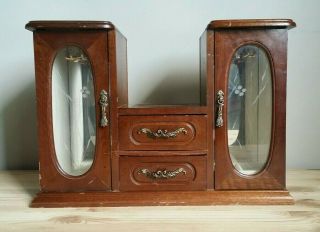 Retro Wood Jewelry Cabinet Box 2 Drawers 2 Dressers Etched Glass & Mirror - Rare 2