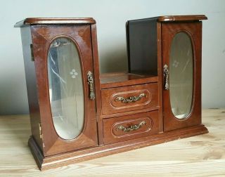Retro Wood Jewelry Cabinet Box 2 Drawers 2 Dressers Etched Glass & Mirror - Rare 3