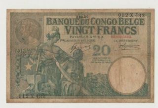 Belgian Congo P 10b Kinshasa 20 Francs 1920 Woman River Rare Circ