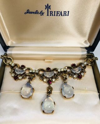 Rare Trifari Alfred Philippe “claire De Lune” Triple Drop Moonstone Necklace