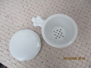 An Antique Vintage White Porcelain Dairy Strainer Drainer With Cover - 8 Cm Diam.
