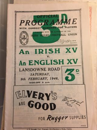 Ireland V England 1946 Rugby Programme Victory International In Dublin Rare