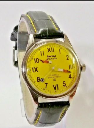 Vintage Hmt Pilot Mechanical Hand Winding Football Style Yellow Dial Wrist Watch