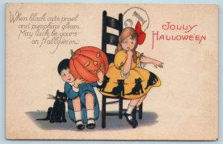 Postcard Halloween Boy Girl Black Cats On Yellow Dress Pumpkin Antique Aa8