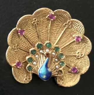 Rare Antique 14k Yellow Gold Pearl Ruby Emerald Peacock Pin Brooch Pendant 3d