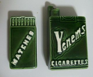 Rare Treasure Craft Yenems Cigarettes & Matches Salt & Pepper Shakers Green
