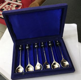 Vintage Silver Plate Black Ball Finial Coffee Tea Spoon Teaspoons Boxed Cutlery