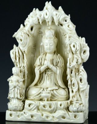 Rare Old Chinese Blanc De Chine Dehua White Porcelain Guanyin Grotto Shrine Seal