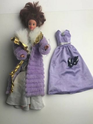 Vintage Barbie 2 Dresses Shoes Coat 1965 Mink Coat Purple Doll Dress