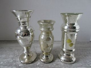 3 Antique Victorian Mercury Glass Vases 6 " - 7 3/4 " Tall Floral Designs