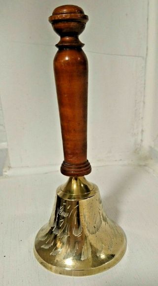 Antique Old Vintage Hammered Gold Brass Hand Bell With Cherry Hard Wood Handle