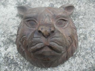 Vintage/antique Folk Art Carved Wooden Cat/lion Head - 8 " Diameter - Looks Old