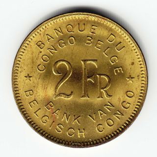 Belgian Congo 2 Francs 1947 Km28 Brass 2 - Year Type Elephant Rare In Top Grade