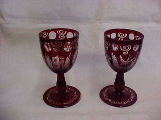 Bohemian Glass Ruby Red Etched Cut To Clear 2 Antique Wine Glasses Bird & Castle