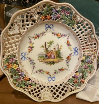 Antique Porcelain Plate Hand Painted.  Reticulated Gilded Floral