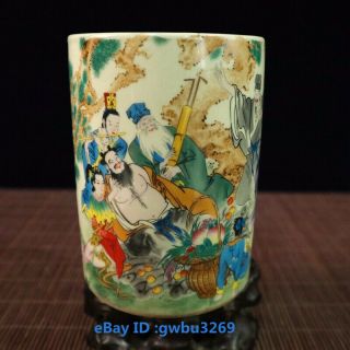 N1 Old Chinese Porcelain Brush Pot Hand - Painting Eight Immortals Pen Holder