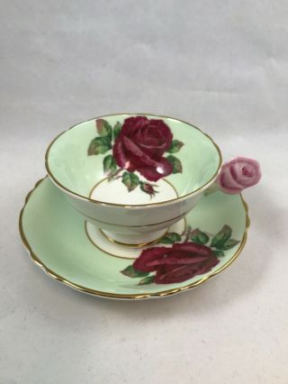 Rare Vintage Paragon Rose Handle Teacup Red Cabbage Rose Double Warrant