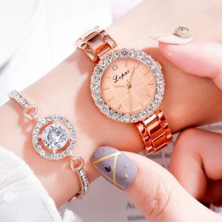 Watch & Bracelet Women Ladies Girls Stainless Steel Analog Quartz Wrist Watch