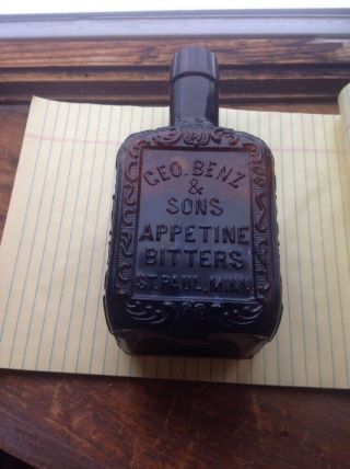 George Benz Appetine Bitter Bottle St Paul Minn Rare Ornate Quart Mn Minnesota