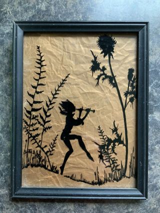 Vintage Silhouette Reverse Painted Glass Fairy/wood Nymph/pan Flute 8.  75”x6.  75”