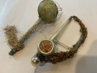 2 Antique Blown Glass Ornaments With Wire Wrap And Tinsel