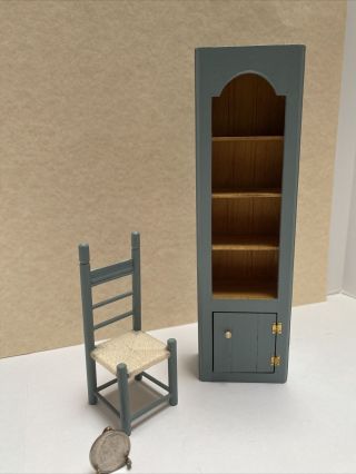 Vintage Signed Artisan Wood Cabinet Ladder Back Chair Dollhouse Miniature 1:12
