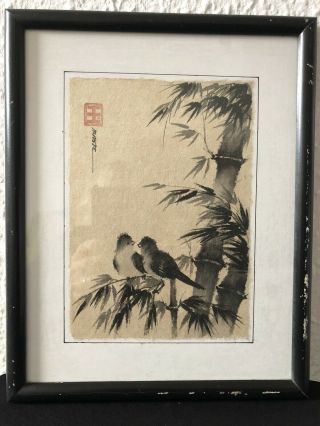 Vintage Japanese Sumi - E Black Ink Wash Paint Paper Painting Signed Framed Birds