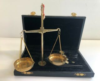 Vintage Antique Brass Jewelry Pharmacy Scale W/velvet Box & Complete Weight Set